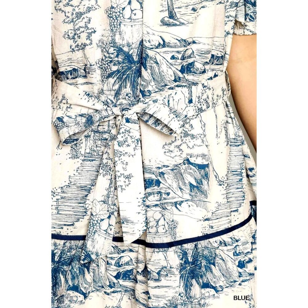 NWT Umgee Blue Toile Print Puff Sleeve Ruffle Mini Dress~Tie Waist ~Small - Picture 3 of 6